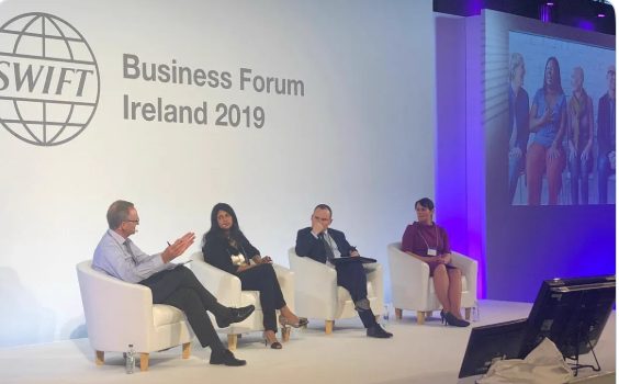 Erin Thornton speaking on a panel at Swift Business Forum Ireland 2019 in Dublin