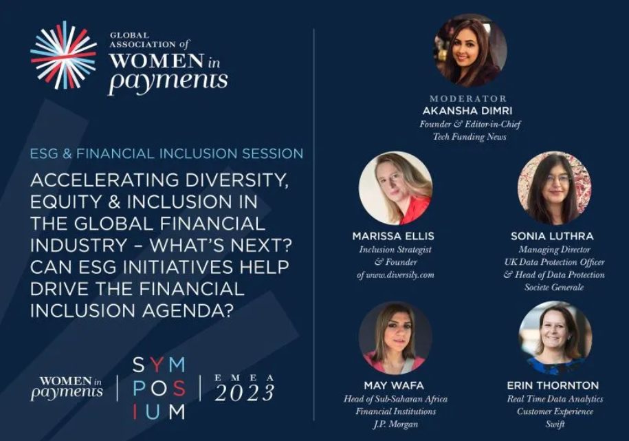 Women in Payments EMEA 2023 Symposium speaker card for the ESG and Financial Inclusion session, showing the panellists including Erin Thornton of Swift